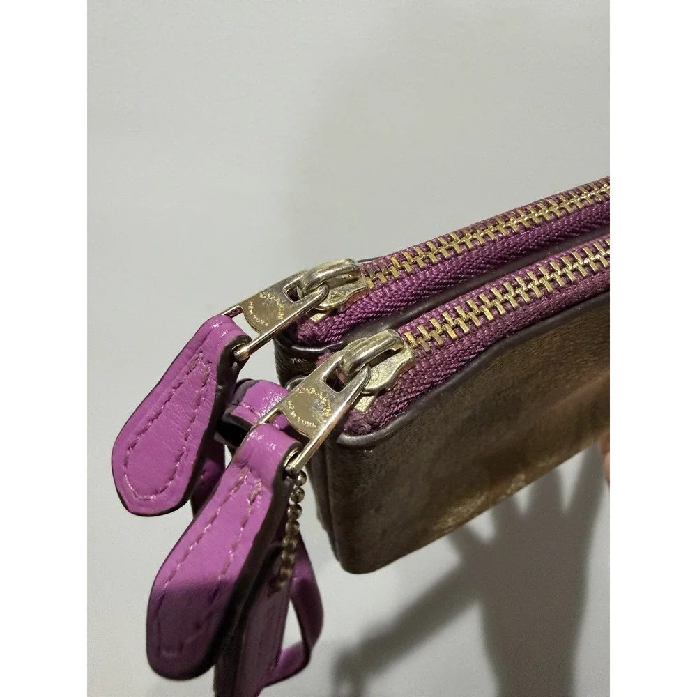 Coach Double Zip Large Wristlet Khaki /purple Signature P